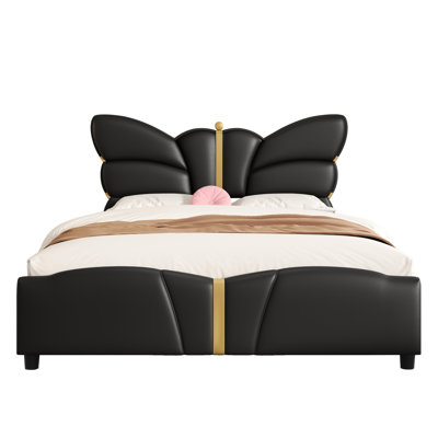 Black Pu Leather Full Size Bed Frame, Butterfly Inspired Design, Gold Decor, Support, No Box Spring Required Frame In Leather, Headboard, Decorations, Legs, Necessary