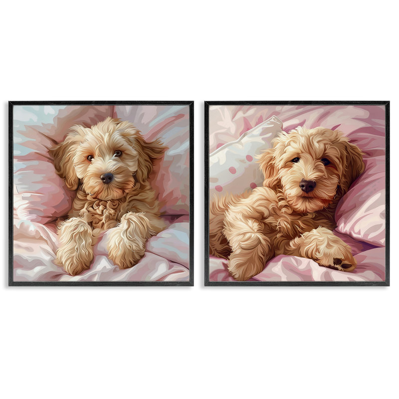  «Cuddling Labradoodle in Bed», ensemble de 2 giclées par Jim Baldwin, H 17 po x l 17 po, Giclée encadrée noir minuit