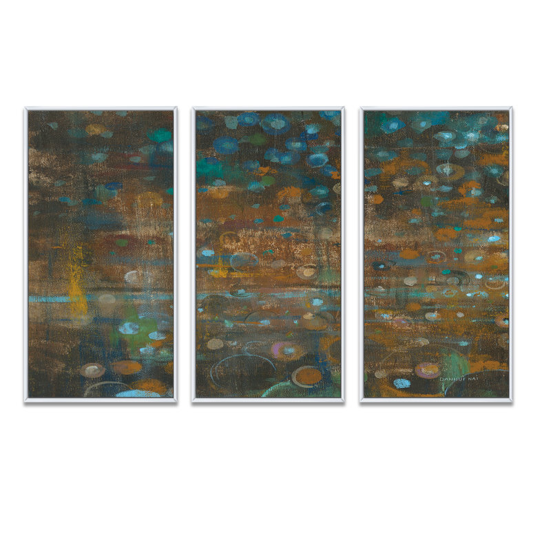 «Blue and Bronze Dots On Glass III - Cabin & Lodge», ensemble de 3 toiles encadrées, H 32 po x l 48 po x P 1 po, Cadre blanc