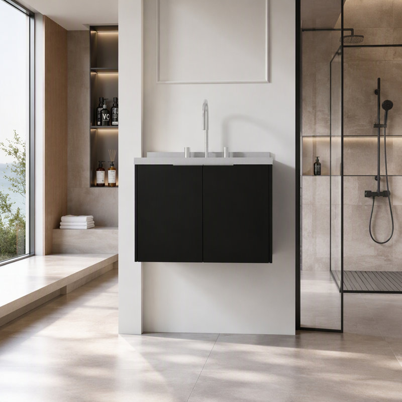 Freestanding Standard With Stone Top, Black, 24" W