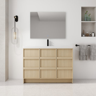 Meuble-lavabo autoportant de 122 cm (48 po) avec lavabo en résine, 3 portes d'armoire à fermeture amortie, contreplaqué chêne - Design unique, charnières de porte, grand espace de rangement, trou de trop-plein, poignée biseautée à 45°, robinet prépercé