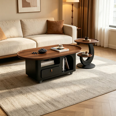 Simple Movable Wood Coffee Table Storage Drawers