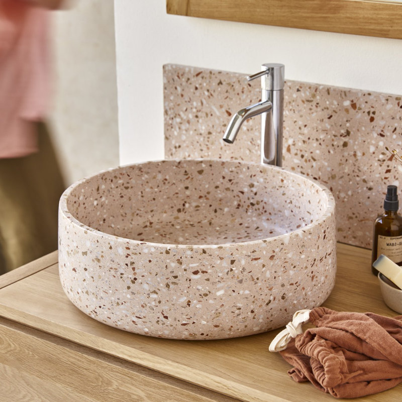 Milos Round Brown Premium Terrazzo Bathroom Sink, Pink