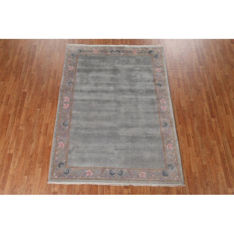 Tapis népalais en laine noué à la main gris / rose clair / mauve clair / orange pastel 5 pi 9 po x 7 pi 9 po