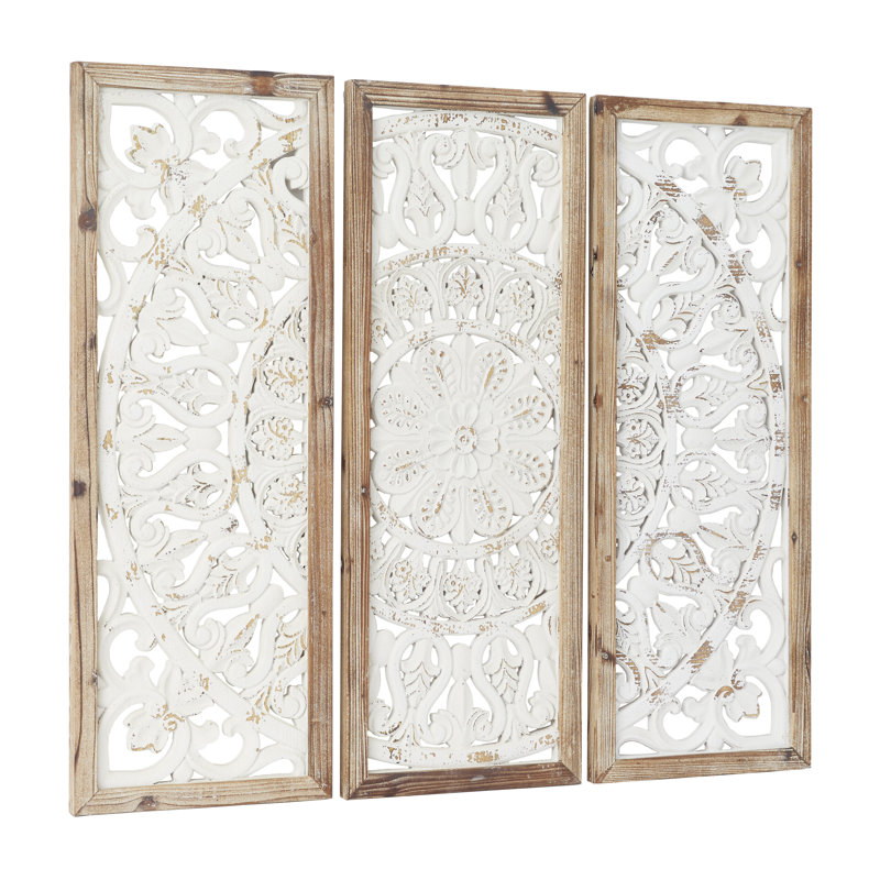Wood Intricately Carved Floral White Wall Decor with Mandala Design Set