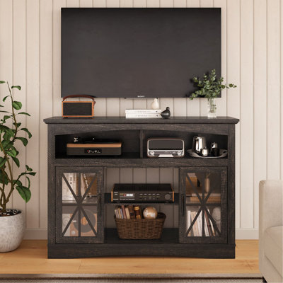 Meuble télé 47 po avec tablettes réglables, console de télévision rétro avec portes en verre et lumières DEL, meuble de rangement multimédia
