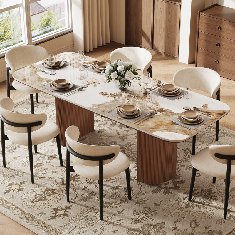 71'' Modern Rectangular Pandora Stone Dining Table, Luxury Wood Fluted Double Base, Contemporary Dining Table for 6 People