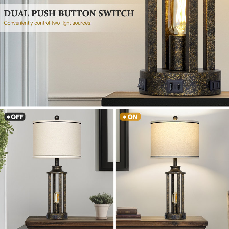 Cochranville 27.5" Updated Lantern Table Lamp Set with Night Light and USB Ports, Beige, Distressed Black