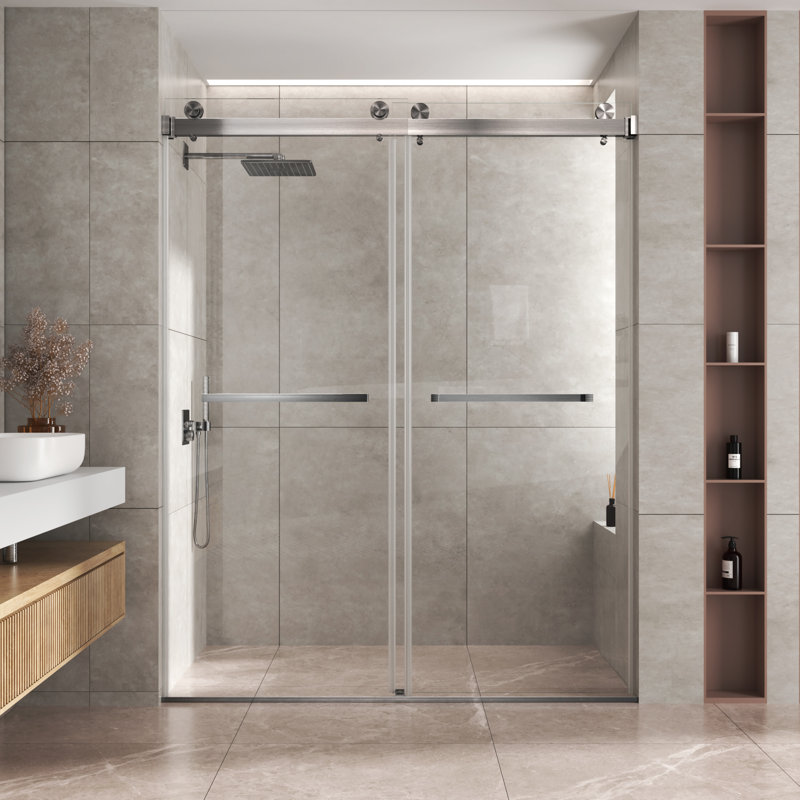 56”-60”W*76”H Double Sliding Frameless Shower Door with 3/8”(10mm) Thickened Upgrade Tempered Glass,stainless steel hardware,Brushed Nickel