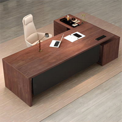 Bureau de direction en bois massif brun en forme de L avec armoire latérale gauche
