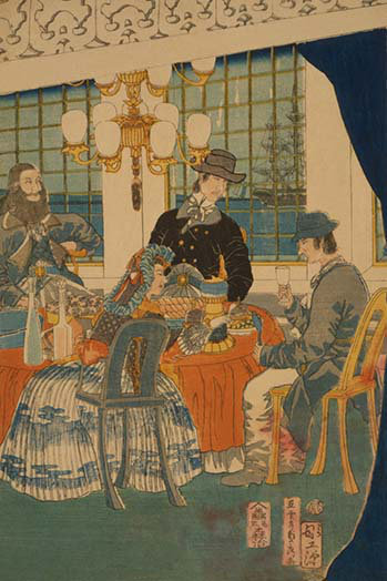 «Le salon d'une maison de commerce à Yokohama» par Sadahide Utagawa, reproduction d'art