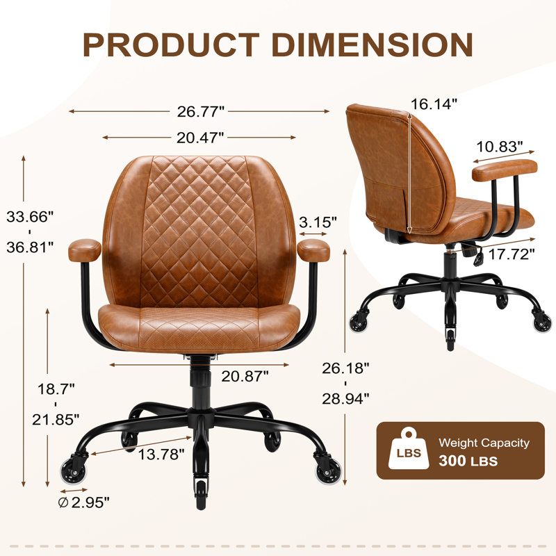 Chaise de bureau ergonomique avec support lombaire, hauteur réglable et dossier inclinable, chaise de bureau pivotante avec accoudoirs, similicuir brun