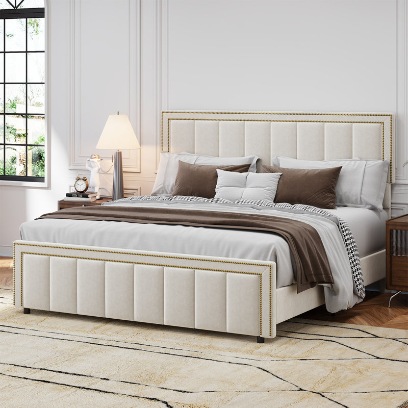 Bed Frame with 50" Tall Headboard and Footboard, Chenille Upholstered Platform Bed, Vertical Channel Tufting with Nailhead Trim