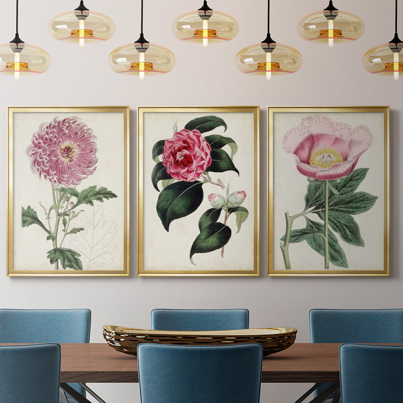 Garden Gems I - Toile tendue avec châssis sur mesure - 3 pièces, H 30 po x l 63 po, Doré