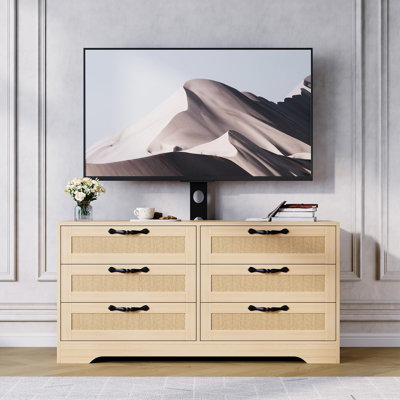 47.2" TV Stand with Mount and 6 Rattan Drawers, Modern Entertainment Center & Storage Console for 32–85" TVs