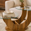 Table basse créative en U à deux niveaux en verre avec base en panneau de fibres à densité moyenne à grain de bois: une table d'appoint de salon moderne et minimaliste à hauteur réglable.-924319238