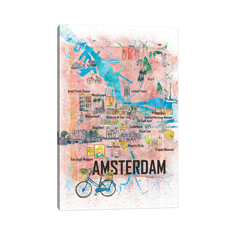 Amsterdam Netherlands Illustrated Map with Main Roads Landmarks and Highlights 1 Piece Wrapped Canvas Wall Art
