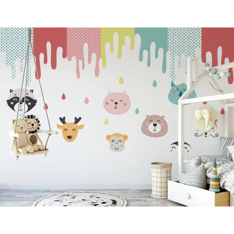 Papier peint amovible à visages d'animaux mignons et à l'aquarelle, L 75 po x l 112 po