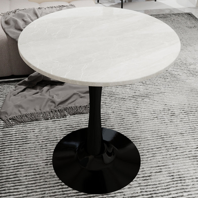 Marble-Top Round Side Table With Tapered Pedestal Base, Ideal For Living Room, Modern Minimalist Design, Black