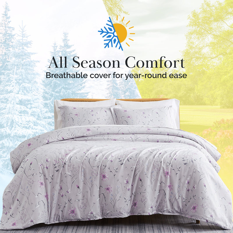 Secret Meadow Microfiber Reversible Duvet Cover Set, Queen Duvet Cover + 2 Standard Shams, Gray Floral 2