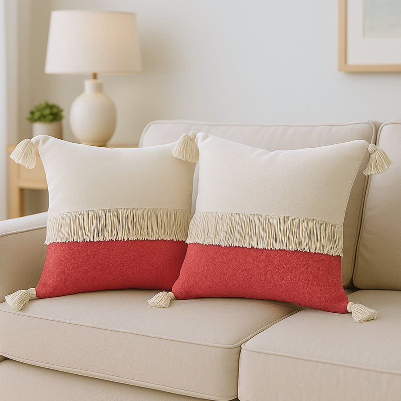 Ensemble de 2 coussins décoratifs à rayures 100% coton Waylen, Red/ivory