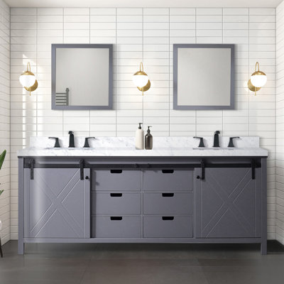 Dark Grey Double Bath Vanity 84 in. W x 22 in. D, Carrara Marble Countertop, Faucet Set and 34 in. Mirrors