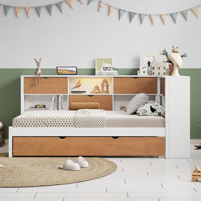 Twin Size Wooden Captain Bed Daybed With Trundle And Bookcase -  Lark Manorâ¢, 9C8A4E821D6045BBAC439FE0262A6393