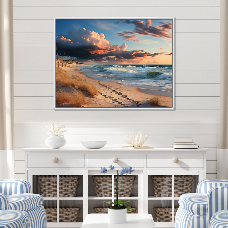 Superbe paysage côtier I sur toile, Cadre flottant blanc, H 24 po x l 32 po x P 1 po
