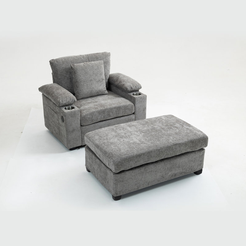 Fauteuil d'appoint moderne avec revêtement en chenille, repose-pieds rotatif à 90 degrés et housse d'accoudoir à fermeture lente, ports de charge de type C