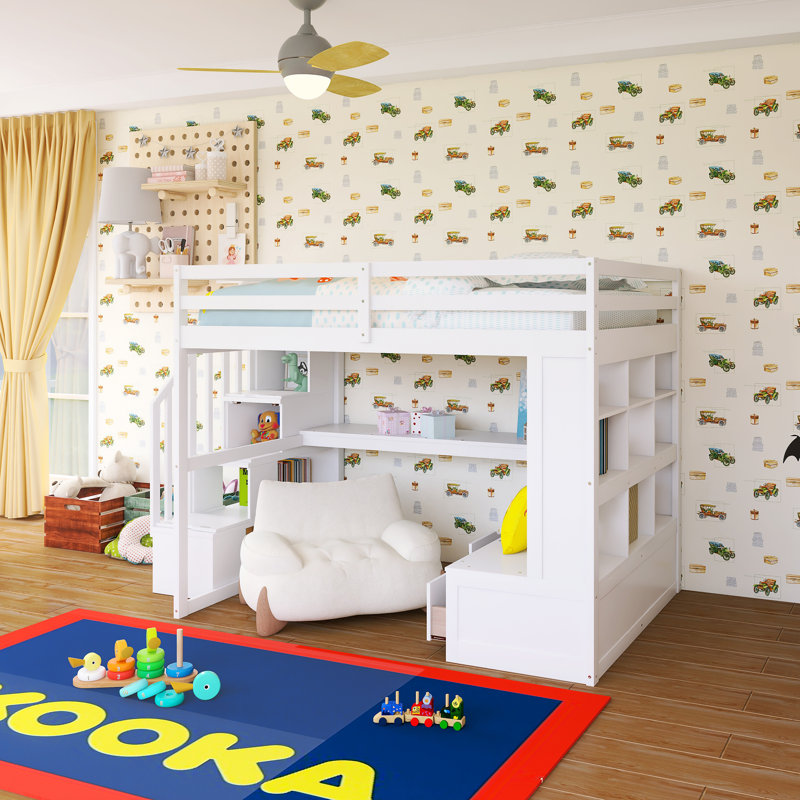 Wood Frame Full Size Loft Bed With Storage Staircase,Desk And Two Built-In Drawers, Natural/White