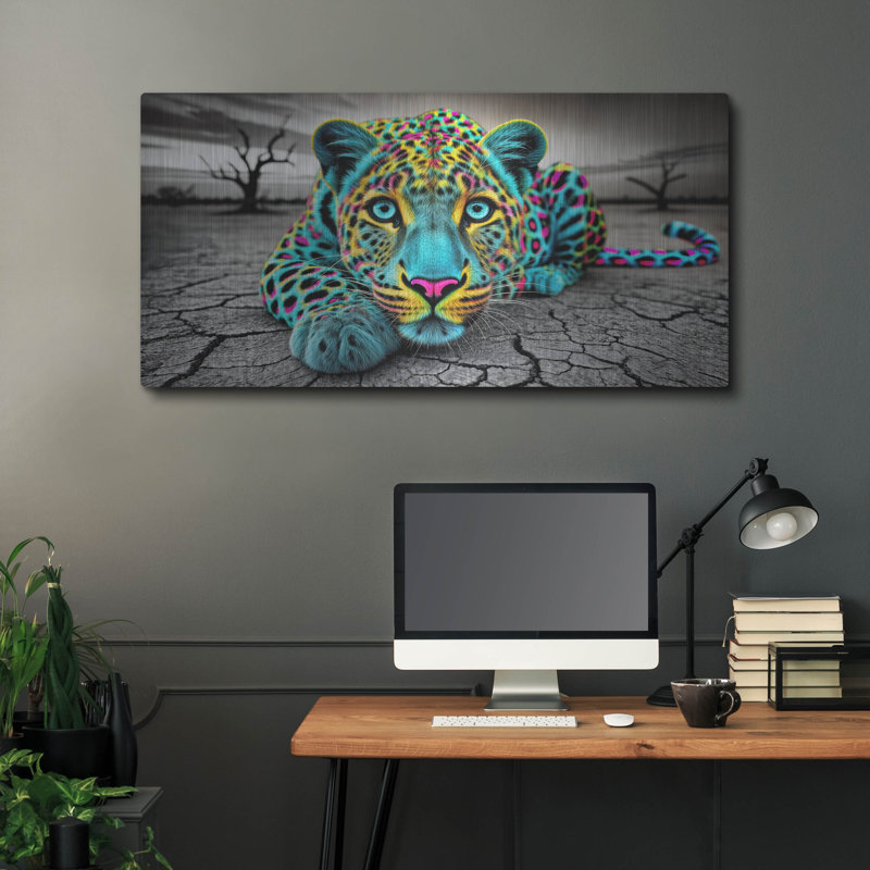  «Neon Leopard» par Rey Klimt, art mural en métal, H 24 po x l 48 po