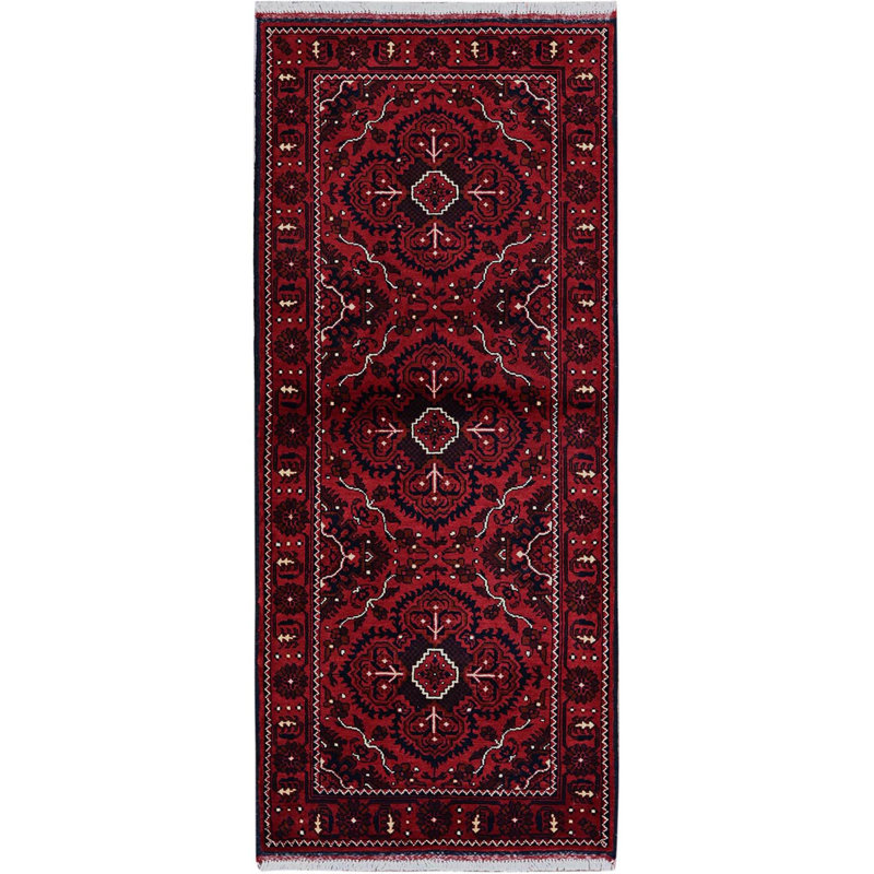 Tapis rubis rouge khamyab 2 pi 4 po x 5 pi 2 po avec motif tribal, laine douce et brillante nouée à la main, teintures naturelles, tapis de couloir oriental