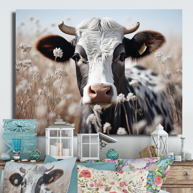 Vache fleur de vache broutant - décoration murale animaux en métal, H 12 po x l 20 po x P 1 po