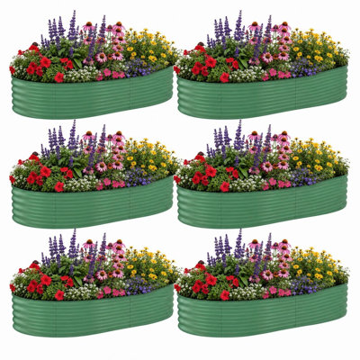 6 Piece Color Steel Oval Raised Garden Bed Green with Safety Edging for Backyard Garden Vegetable and Flower Beds 240 by 120 by 45 cm