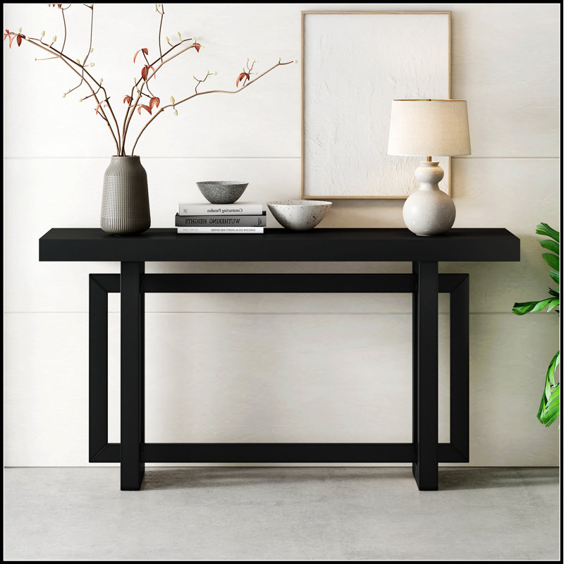 Contemporary Console Table with Wood Top, Extra Long Entryway Table for Hallway and Living Room Decor, Black, Black