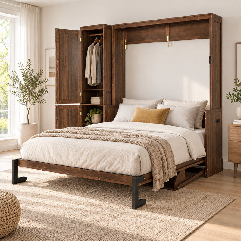 Lit escamotable Foldavere Queen en bois de noyer avec armoire réversible, lit mural pliable avec tablette de bureau de 160 cm, 2 prises de courant et 2 ports USB, vérins à gaz de 1000 N, capacité de charge de 227 kg