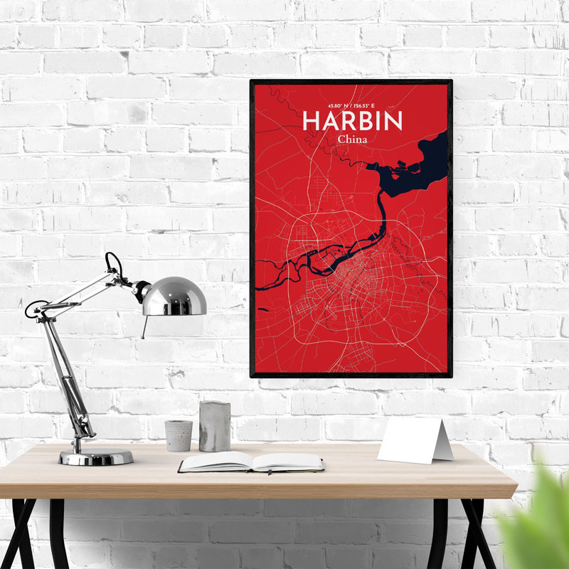 «Harbin City Map», impression, Rouge / bleu marine, H 36 po x l 24 po
