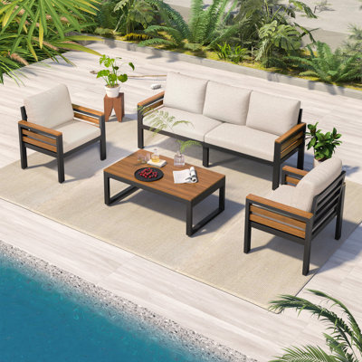 4-Piece Outdoor Furniture Sofa Set For 5 People With Acacia Wood Armrests, Patio Conversation Set With Removable Cushion And Solid Wood Coffee Table For Garden