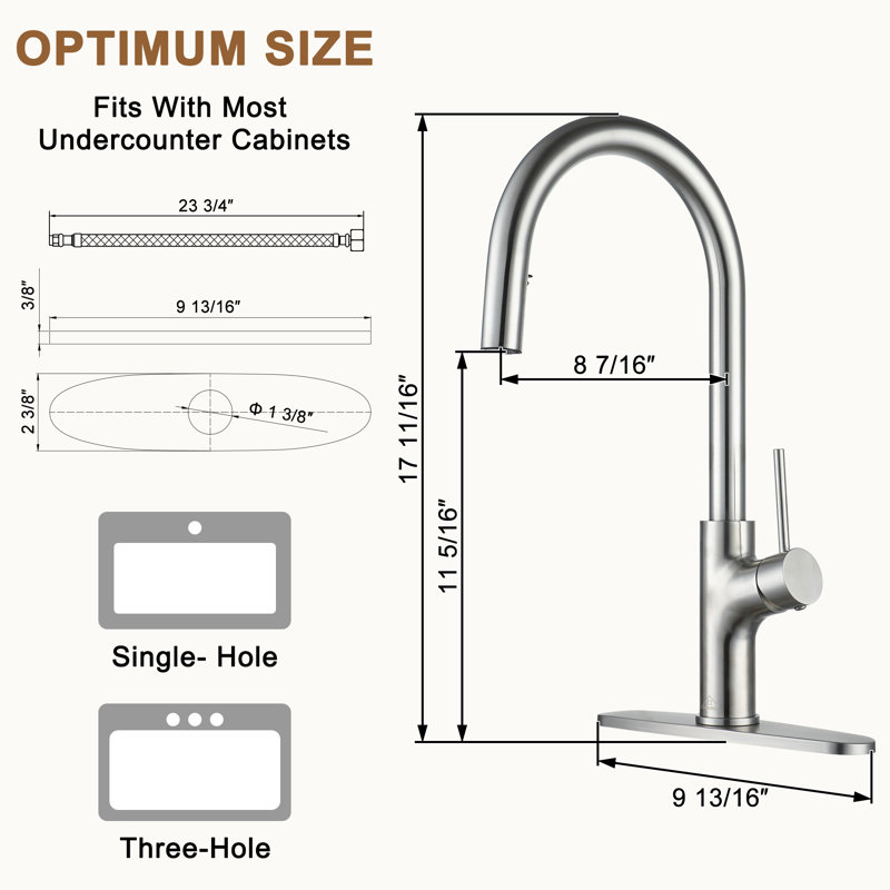 CASAINC 1.8 GPM Single-Handle Pull-Down Kitchen Faucet Single Hole with Deck Plate, Brushed Nickel