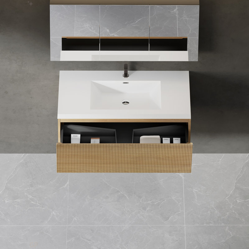 Meuble-lavabo mural 42 po avec lavabo flottant 42 po, 42", Chêne, Blanc