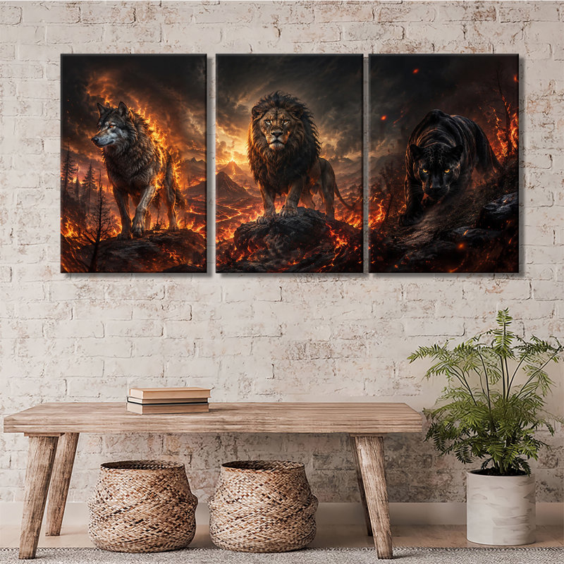 Loup, lion noir, panthère noire, 3 pièces, art animalier sur toile foncé, H 12 po x l 24 po x P 1 po