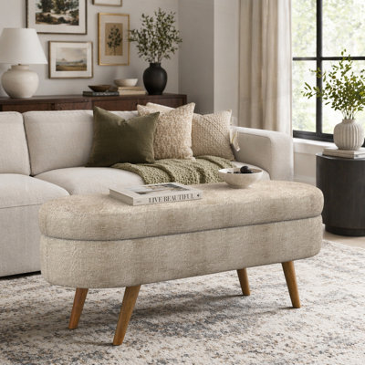 Repose-pieds de rangement ovale en tissu avec pieds en bois d'hévéa, parfait pour la décoration intérieure et une utilisation multifonctionnelle