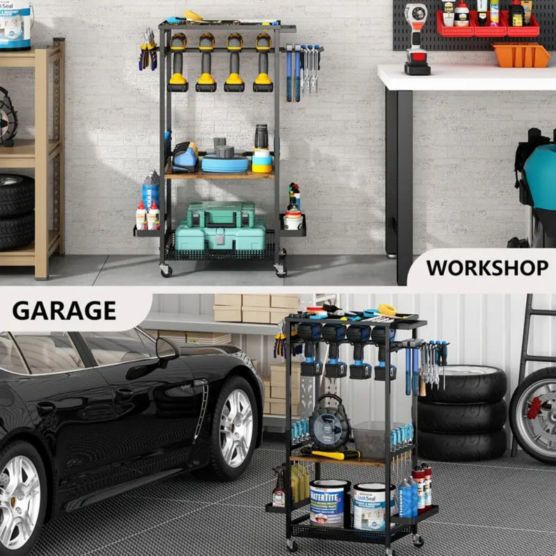 Heavy Duty Metal Garage Organizer with Wheels - Workshop Tool Storage Rack for Tools and Accessories, Black