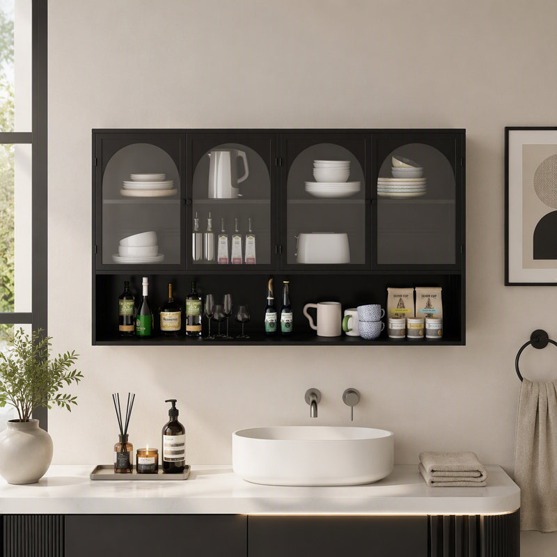 Armoire de rangement murale à quatre portes en verre avec installation facile et peu encombrante, Noir