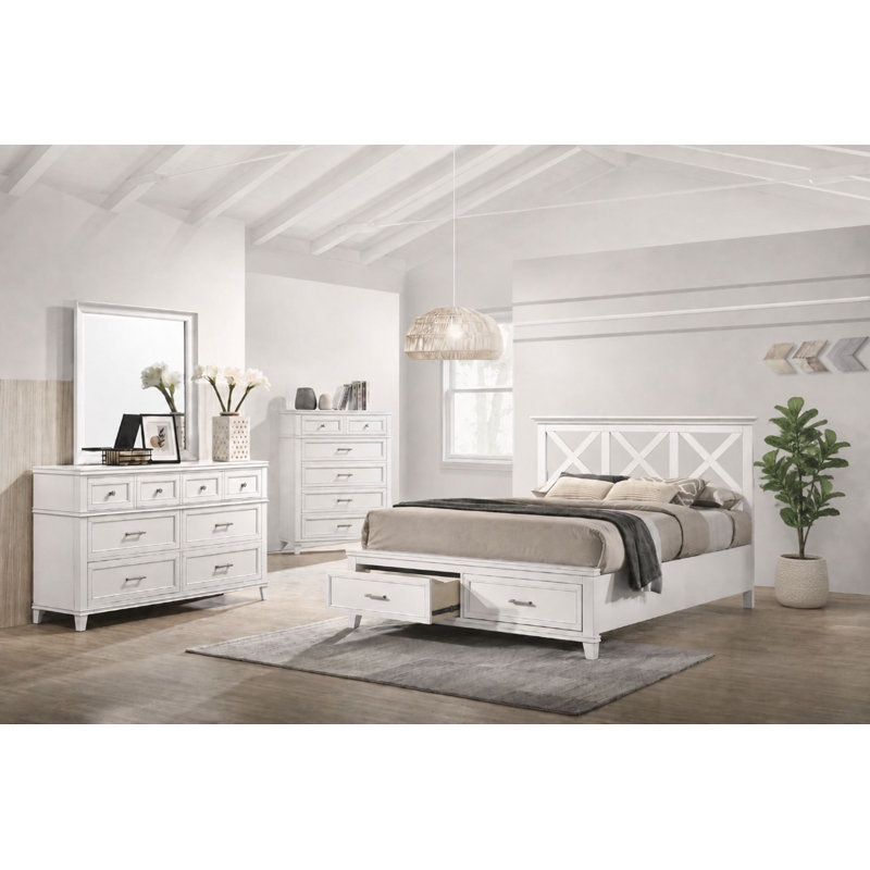 Ensemble de chambre à coucher avec très grand lit 4 pièces Deguzman - Blanc, Blanc, 4 pièces: lit, 2 commodes, miroir