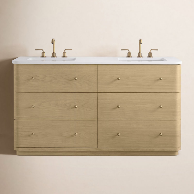 Saffi Ridge 60" Double Bathroom Vanity in Aura Oak with Engineered Marble Top