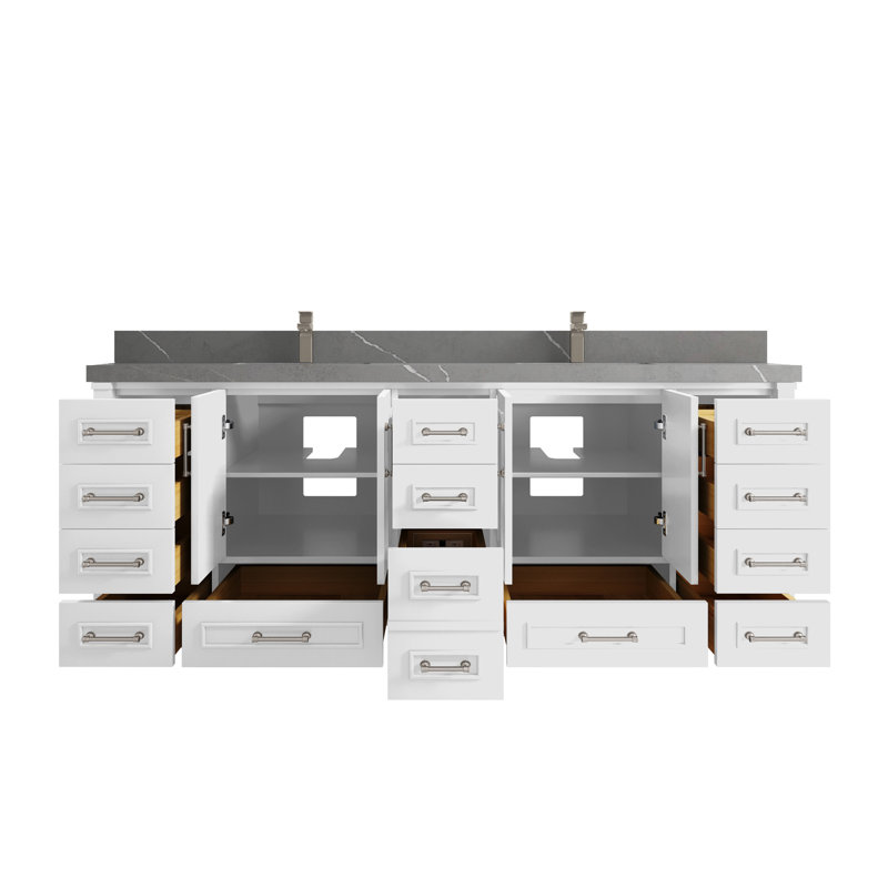 Aberdeen 84'' Double Bathroom Vanity with Quartz Top, Piatra Gray, White