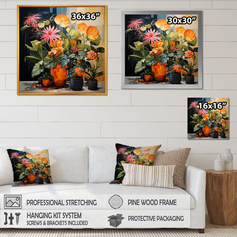 " Vibrant Botanical Plants Symphony " Print, Black Single Picture Framed, 30" H x 30" W x 1" D