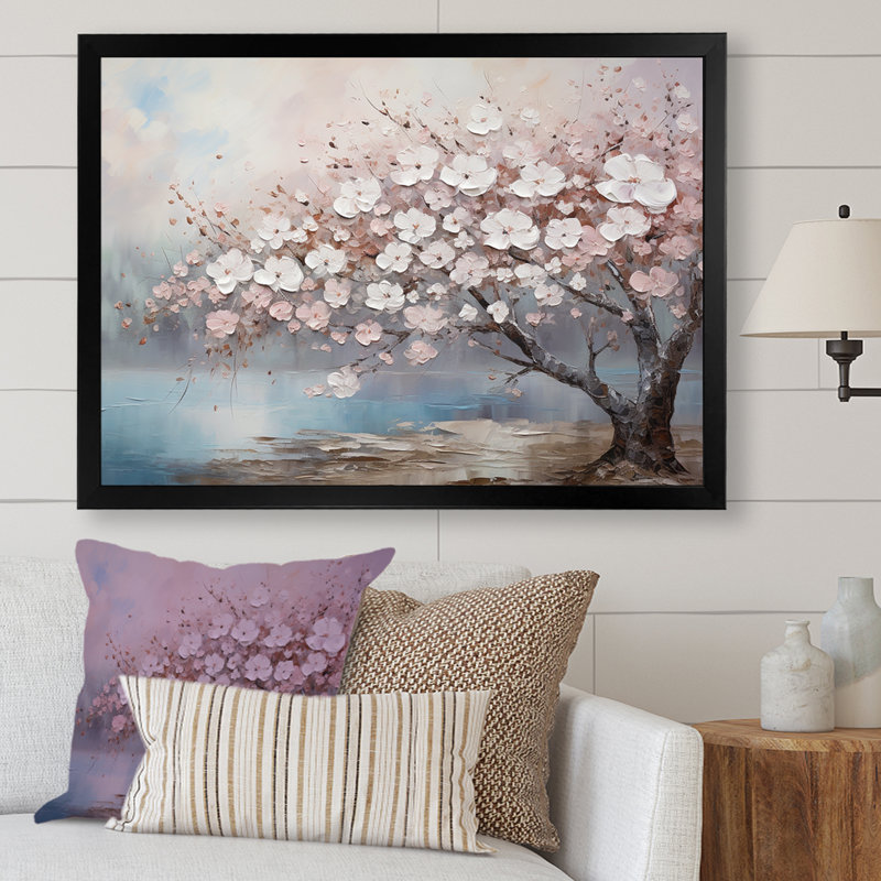 «Pink and Grey Cherry Blossom Charm I», art mural encadré de fleurs, H 30 po x l 40 po x P 1,5 po, Cadre simple noir