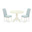 L'ensemble de mobilier de salle à manger 3 pièces comprend une table de salle à manger ronde avec piédestal et 2 chaises rembourrées en tissu bleu lin, blanc lin-598531644-598531645-648955546